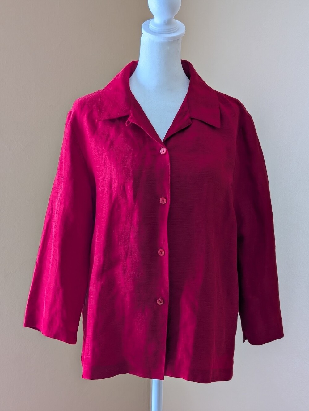 Eileen Fisher Linen Silk Button Front Top Blouse Red Berry 3/4 Sleeve Size S